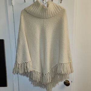 LOFT Cream Fringe Wool Poncho